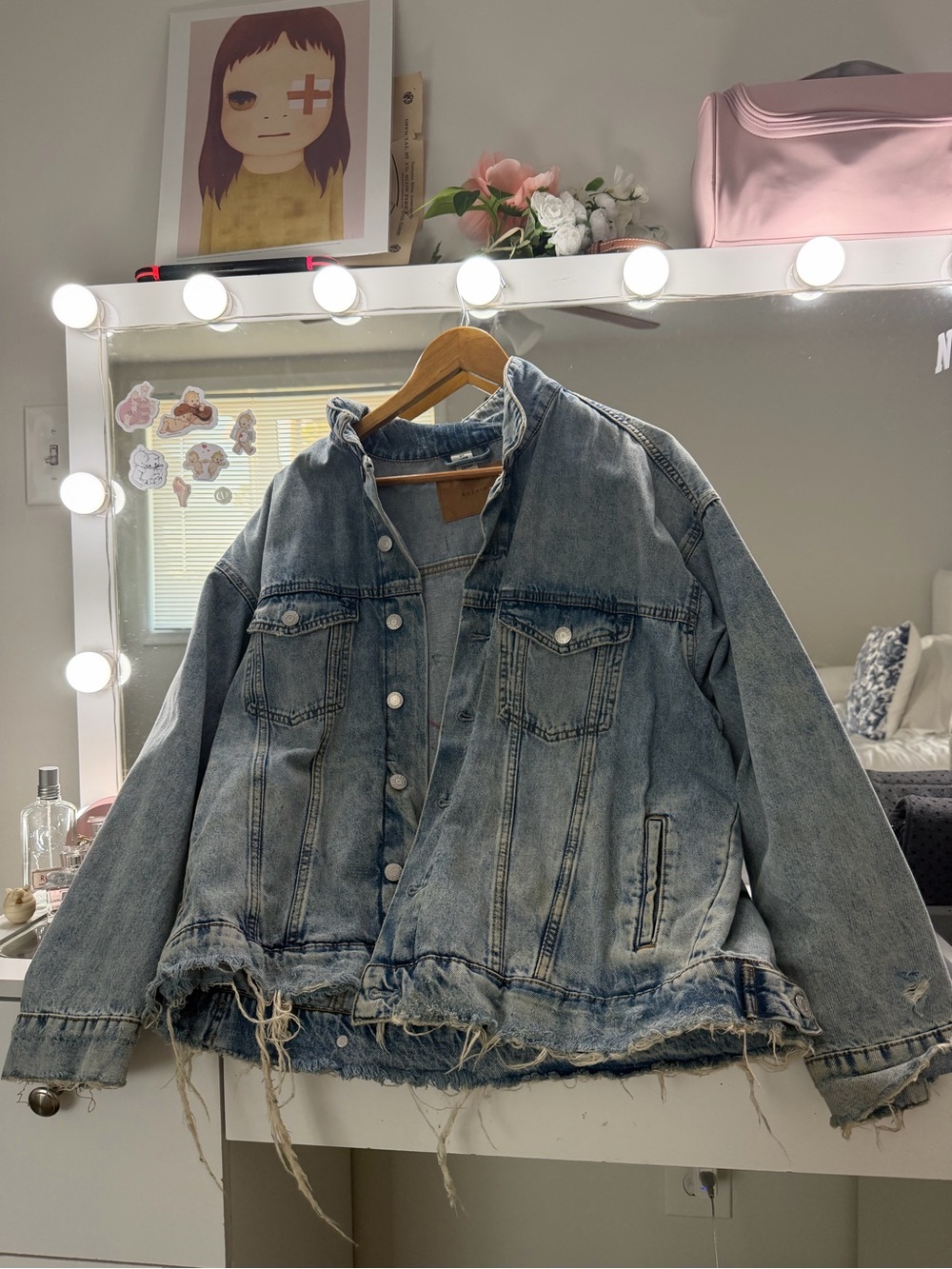 & Denim Distressed Faded Light Blue Jean Jacket With “Spoiled Brat” On Back